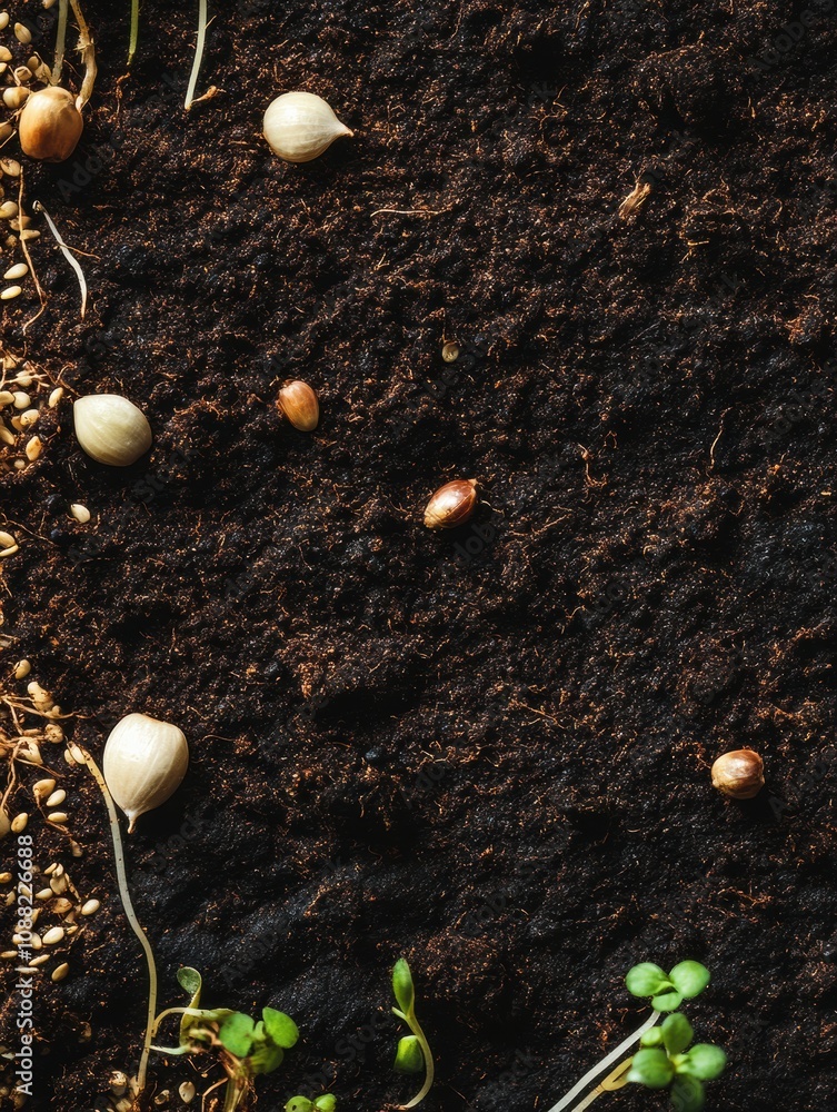 Poster sprouts and seeds are scattered on dark fertile soil, highlighting the vibrant beginnings of plant g