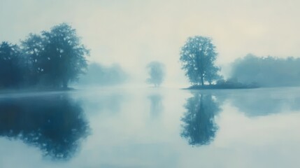 Fototapeta premium Misty morning lake with tree reflections.