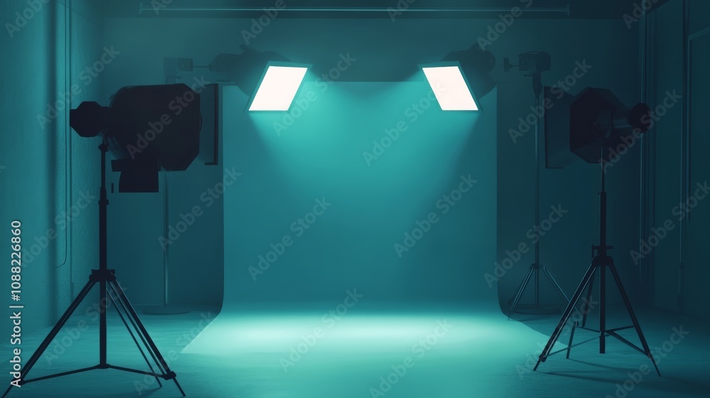 Aufkleber A minimalist photo studio with two softbox lights illuminating an empty backdrop, creating a calm, creative atmosphere.