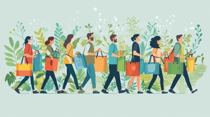 Colorful Illustration of People Walking with Shopping Bags Surrounded by Lush Green Foliage, Representing Sustainable Shopping and Eco-Friendly Choices in Urban Lifestyle