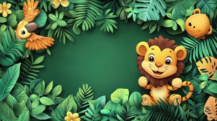 Fototapeta premium Colorful Jungle Scene with a Happy Lion and Vibrant Tropical Foliage Featuring Playful Animal Characters and Lush Green Background for Kids' Design