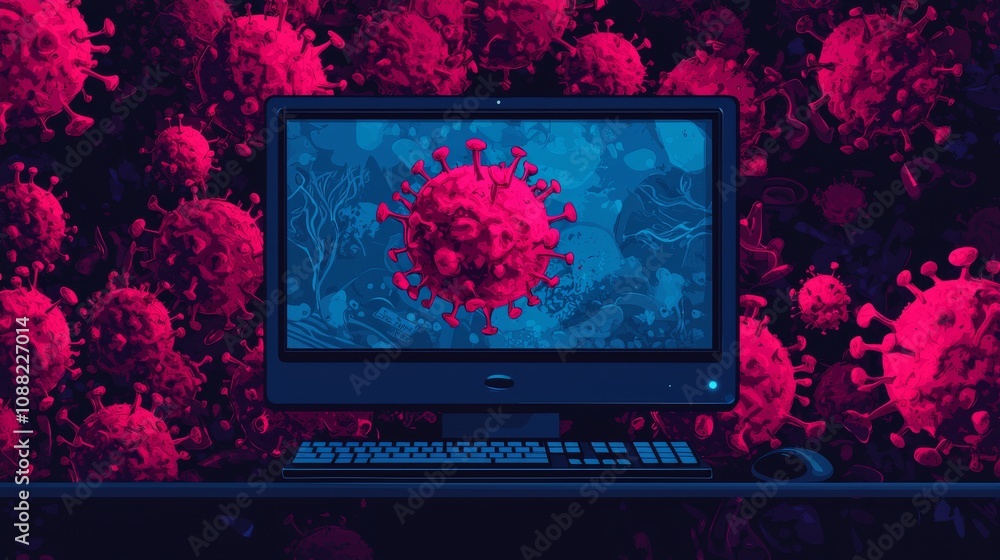 Aufkleber a futuristic computer displays a vibrant virus image, surrounded by a colorful, abstract representat
