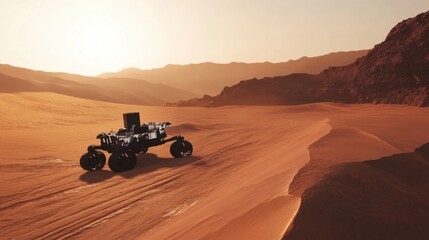 Fototapeta premium A robotic guide leading expeditions through Martian landscapes, extraterrestrial and exploratory setting with red dunes and Martian rovers, Martian Expedition Robotics style