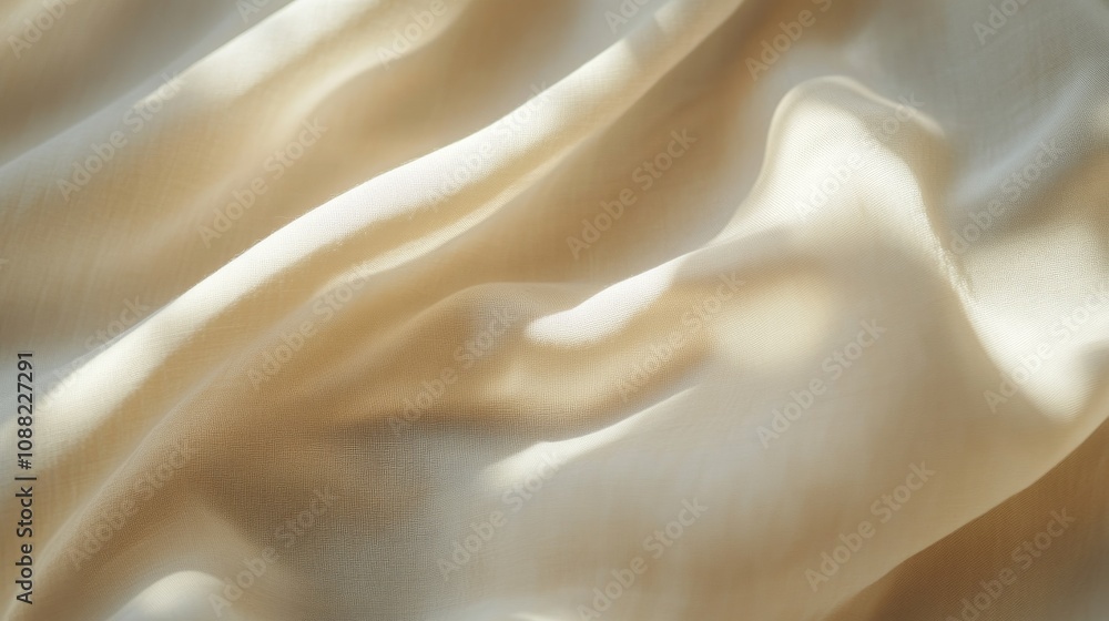 Poster a close-up of a smooth, flowing fabric with soft, cream-colored waves that reflect light, creating a