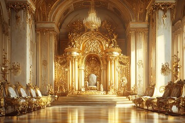 A lavish throne room adorned with gold and silver accents, featuring plush velvet armchairs around an opulent golden throne, surrounded by intricately carved columns and intricate patterns on the wall
