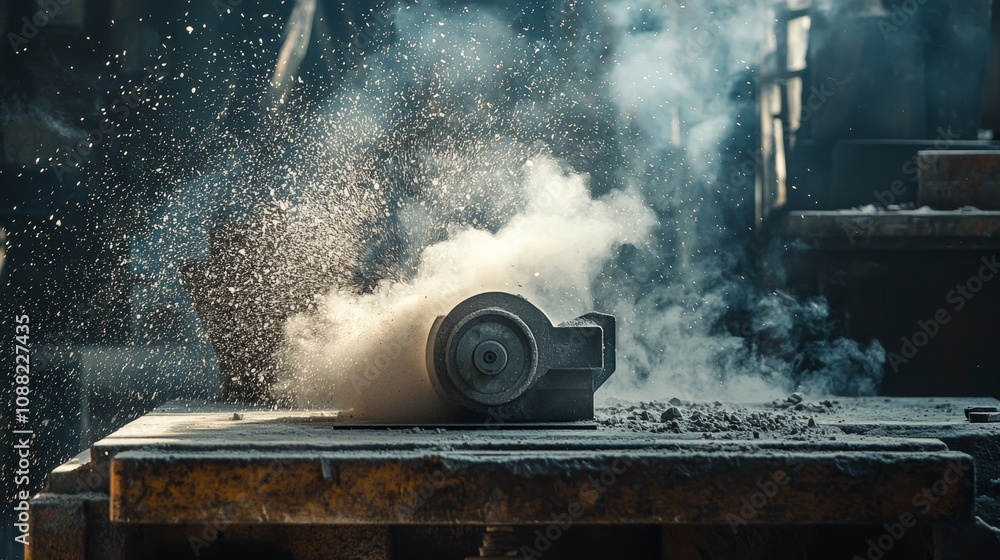 Poster a close-up of a grinding machine releasing dust and sparks in a workshop, capturing the dynamic acti