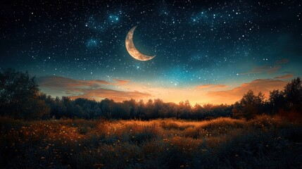 Naklejka premium Serene Night Landscape with Crescent Moon Illuminating a Starry Sky Over Lush Meadows and Trees at Dusk
