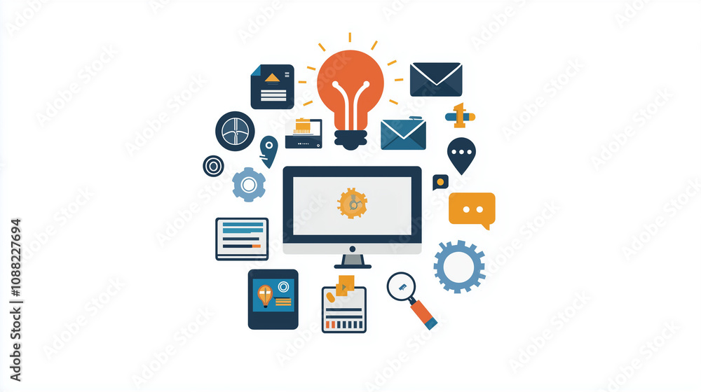 Poster the lightbulb moment: a vibrant, flat design illustration depicting a computer monitor at the center