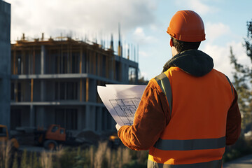 Construction worker overseeing housing estate development urban environment photography daytime aofthanit concept