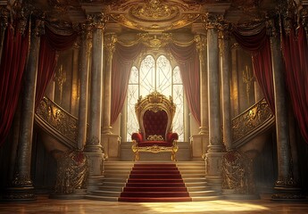 A lavish throne room adorned with gold and silver accents, featuring plush velvet armchairs around an opulent golden throne, surrounded by intricately carved columns and intricate patterns on the wall