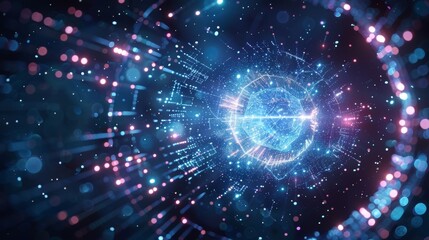 Complex network of digital data streams converging towards a bright, glowing sphere, symbolizing technological advancement and innovation in a futuristic setting