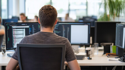 Focused Developer: A programmer immersed in their work, hunched over a computer screen in a modern office setting, showcasing the dedication and intensity of software development.