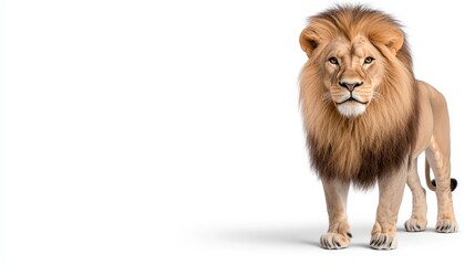 Fototapeta premium Realistic Lion Portrait on a White Background Showcasing Majestic Features and Vibrant Mane, Ideal for Nature and Wildlife Themes in Stock Photography