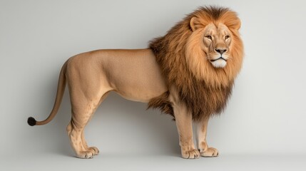 Obraz premium Majestic and Powerful Lion Standing Proudly Against a Minimalistic Background Showcasing its Impressive Mane and Bold Stature in Stunning Detail for Wildlife Photography Enthusiasts