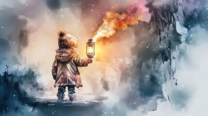 Obraz premium Illuminating Winter Dreams: A Child with a Lantern in a Snowy Wonderland – Perfect Poster for Cozy Spaces and Sports Interiors