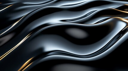 Obraz premium Abstract dark liquid, wavy surface with golden highlights, glossy texture, 3D render.