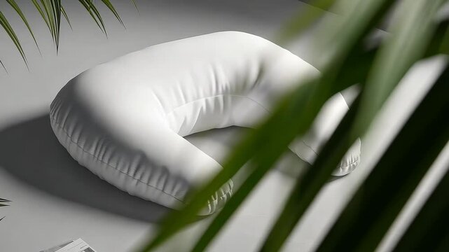 A white pillow with a curved shape is placed on a table. The pillow is made of soft material and has a unique design that makes it stand out