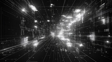 Fototapeta premium Abstract digital data tunnel with glowing lines and particles, symbolizing the vastness of the digital world and the flow of information.