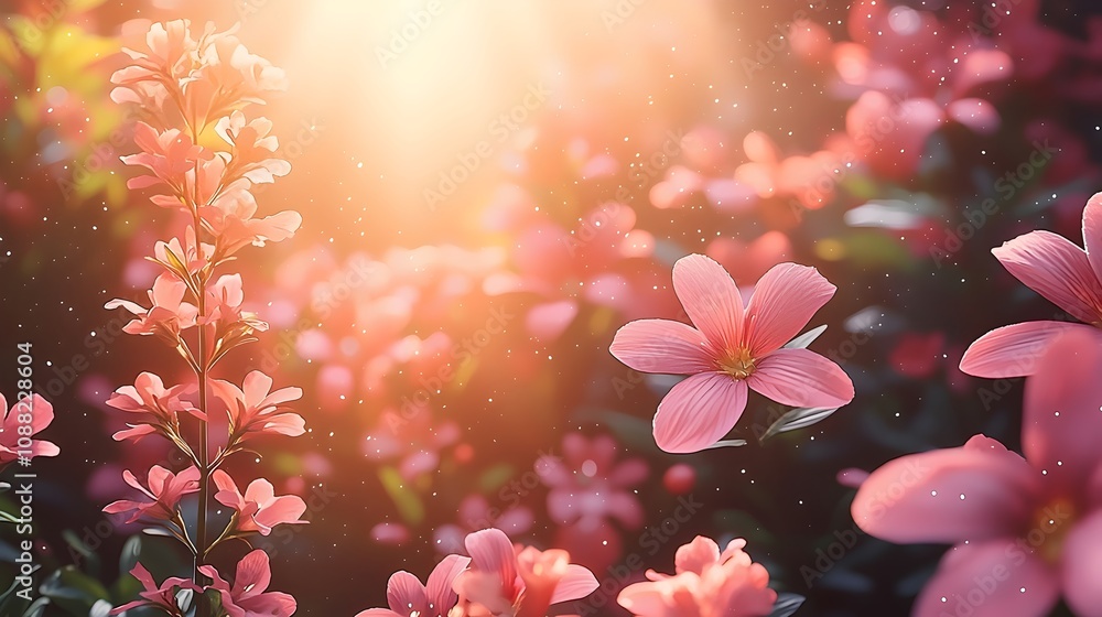 Poster a vibrant display of pink flowers glowing in the warm sunlight, creating a serene and enchanting atm