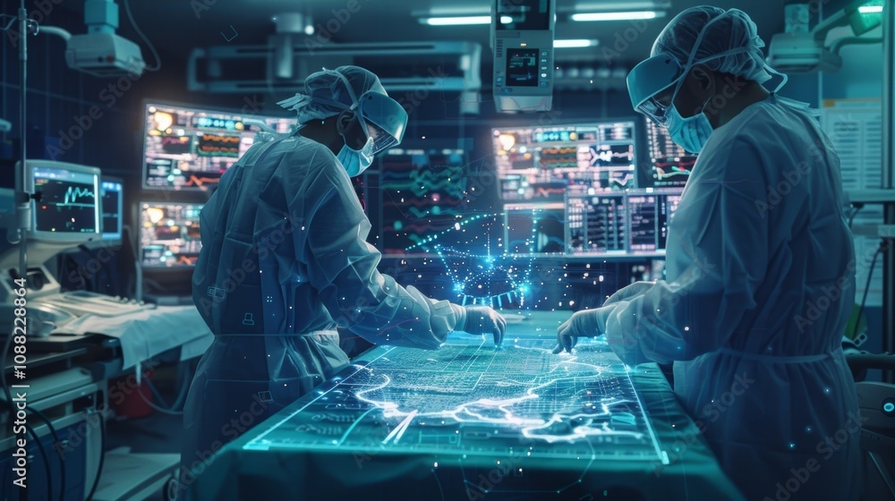 Poster surgeons in protective gear interact with holographic patient data in a high tech operating room