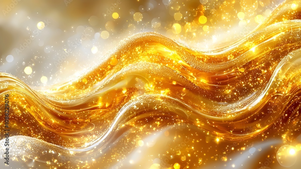 Poster a mesmerizing abstract design featuring flowing golden waves intertwined with sparkling lights, crea