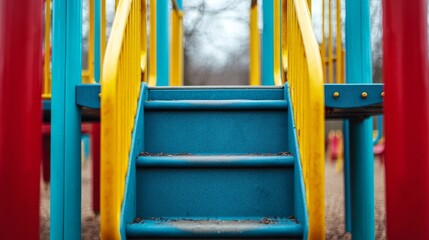 A colorful playground structure featuring blue stairs surrounded by red and yellow elements, inviting children to play and explore.