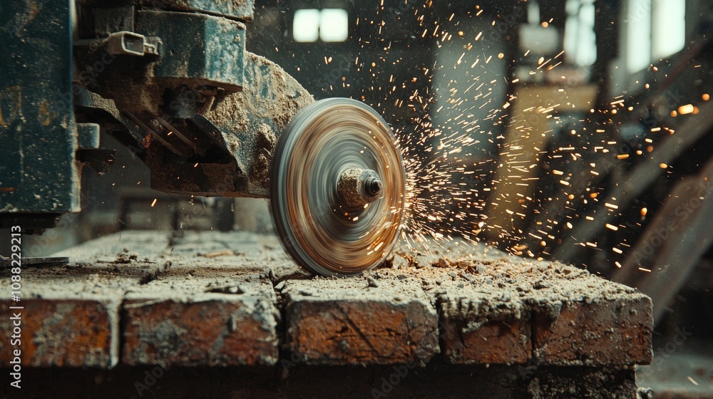 Poster a close-up of a cutting tool in action, producing sparks as it slices through a surface in an indust