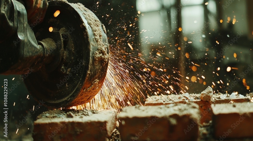 Poster a worker uses a power tool to cut bricks, creating sparks and dust in a workshop environment.