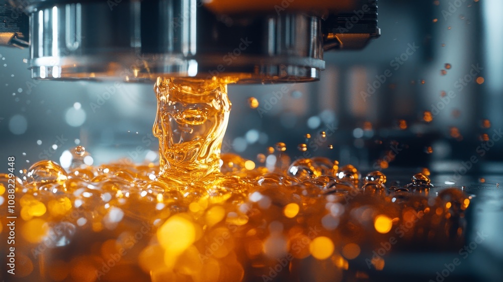 Poster a dynamic image depicting a stream of molten material flowing from a machine, highlighting industria