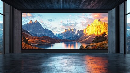 A modern interior showcases a large screen displaying a stunning mountain landscape with vibrant colors and a serene lake.