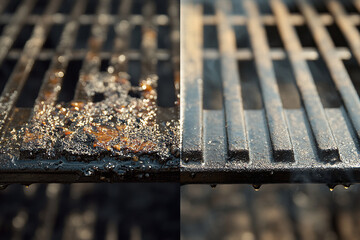 Before and after cleaning a dirty grill grate