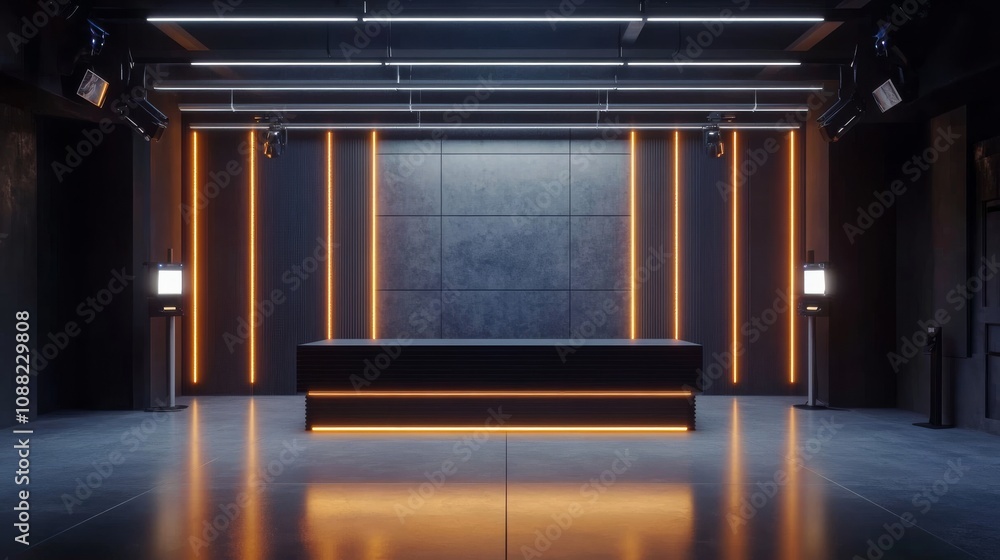 Poster a modern, minimalistic reception area with sleek surfaces and ambient lighting, creating a sophistic