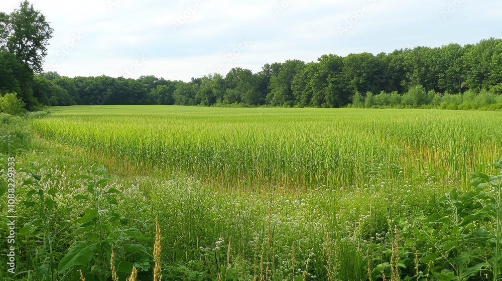 Poster a vibrant green meadow filled with tall grasses and flourishing soybeans stretches across the landsc