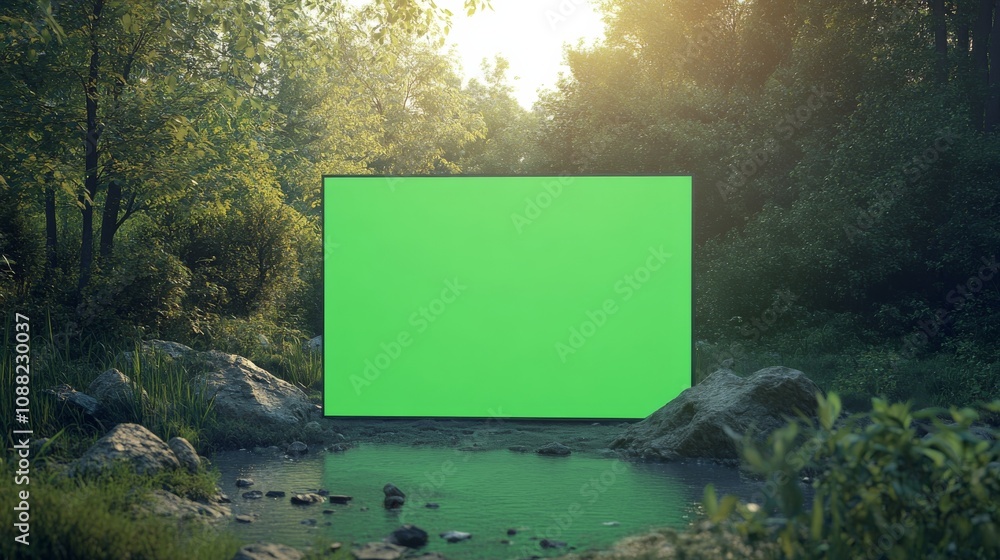 Poster a serene forest scene with a tranquil pond and a blank green screen overlay for editing or design pu