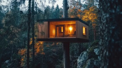 Wooden treehouse design, suspended between trees, minimalist aesthetic 