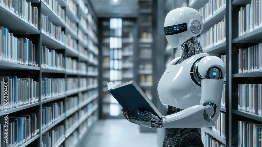 Poster A robotic librarian organizing books in a futuristic library, clean and high-tech setting with digital catalog systems, Library Robotics style