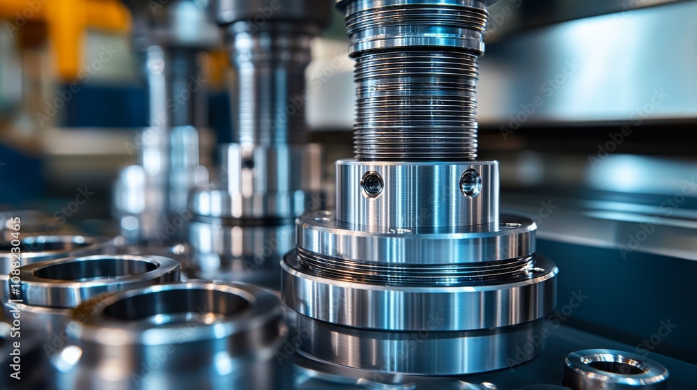 Poster close-up of precision-engineered metallic components in a manufacturing setting, showcasing intricat