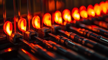 A close-up view of glowing tubes in a machinery setup, showcasing intricate details and a warm, fiery glow.