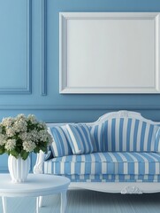 Elegant Blue Room Interior Design With Striped Sofa