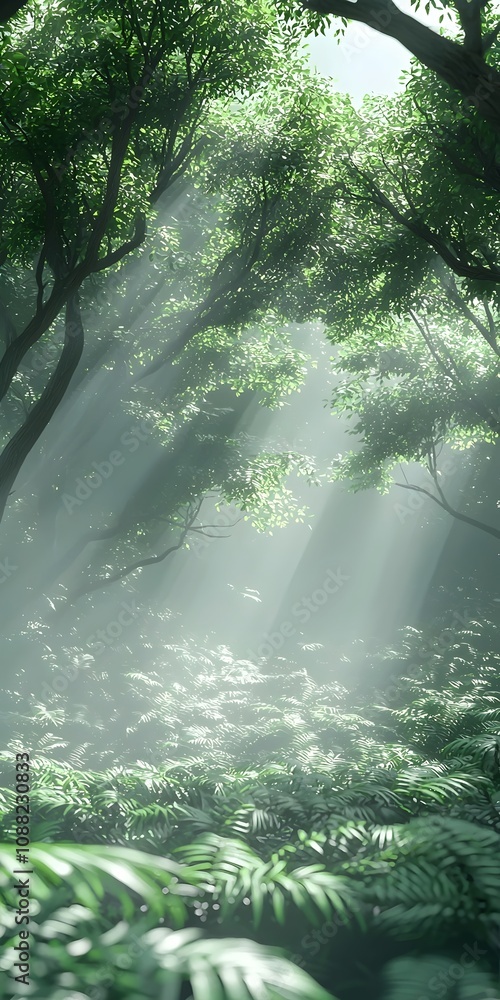 Poster serene forest scene showcasing lush greenery and ethereal light beams filtering through the canopy, 