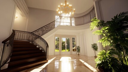 Elegant interior of a home showcasing a grand staircase and chandelier