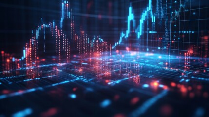 Abstract digital illustration of a glowing blue and red graph rising on a dark background.