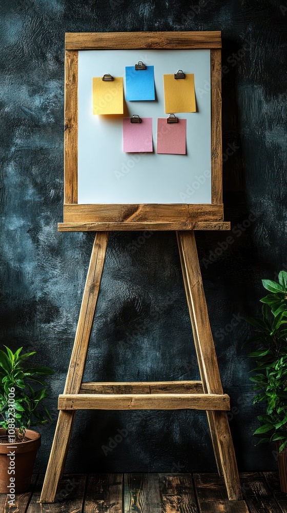 Poster a wooden easel with a whiteboard displaying colorful sticky notes.