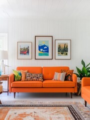 Orange Sofa Decorated With Artwork And Pillows