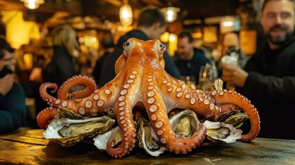 Obraz premium A vibrant octopus sits atop a pile of oysters in a lively restaurant setting, showcasing seafood culture and culinary delight.