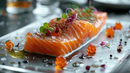A beautifully plated salmon fillet garnished with microgreens and colorful roe, resting on a sleek dish, showcasing a delightful culinary presentation.