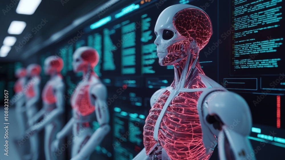 Poster a futuristic scene featuring humanoid robots with visible anatomy, set against a backdrop of digital