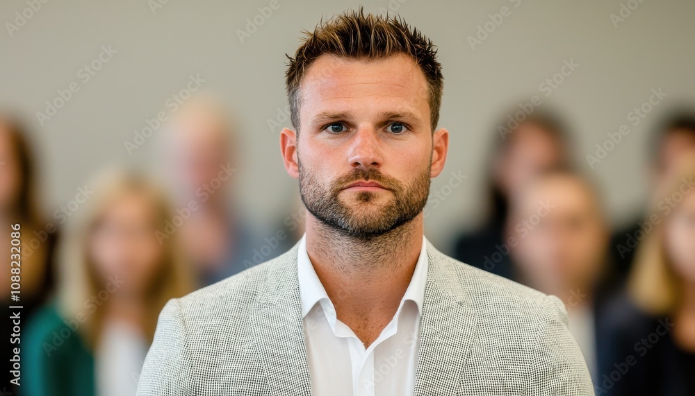 Poster a serious man in a patterned suit sits in front of an audience, conveying a sense of focus and deter