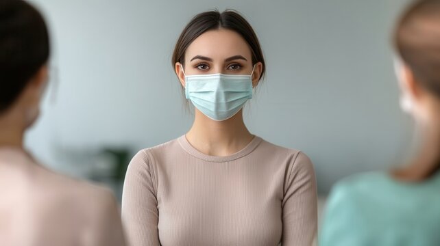A woman wearing a mask stands confidently in a group, symbolizing health awareness and social interaction during challenging times.