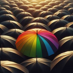 Single rainbow umbrella in a crowd of black umbrellas, showcasing diversity and creativity.
